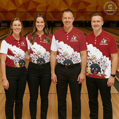 White And Red Funny Beer Drunk Bowling Shirts For Men Custom Bowling League Bowling Team Jersey TDM7382