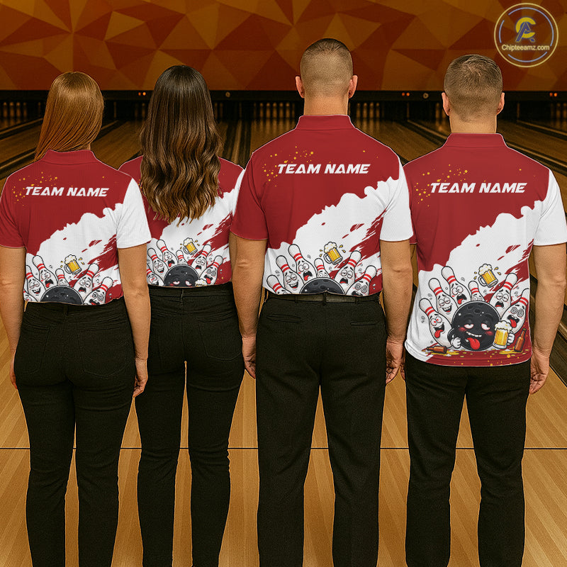 White And Red Funny Beer Drunk Bowling Shirts For Men Custom Bowling League Bowling Team Jersey TDM7382