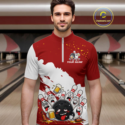 White And Red Funny Beer Drunk Bowling Shirts For Men Custom Bowling League Bowling Team Jersey TDM7382