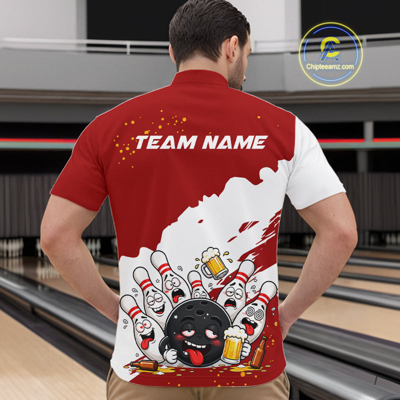 White And Red Funny Beer Drunk Bowling Shirts For Men Custom Bowling League Bowling Team Jersey TDM7382