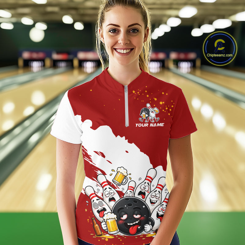 White And Red Funny Beer Drunk Bowling Shirts For Women Custom Bowling League Bowling Team Jersey TDM7382
