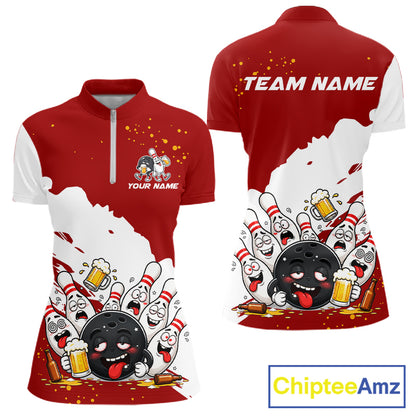 White And Red Funny Beer Drunk Bowling Shirts For Women Custom Bowling League Bowling Team Jersey TDM7382