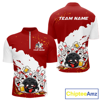 White And Red Funny Beer Drunk Bowling Shirts For Men Custom Bowling League Bowling Team Jersey TDM7382