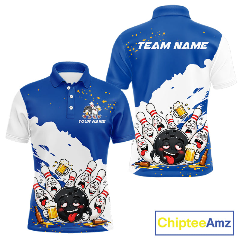 White And Blue Funny Beer Drunk Bowling Shirts For Men Custom Bowling League Bowling Team Jersey TDM7383