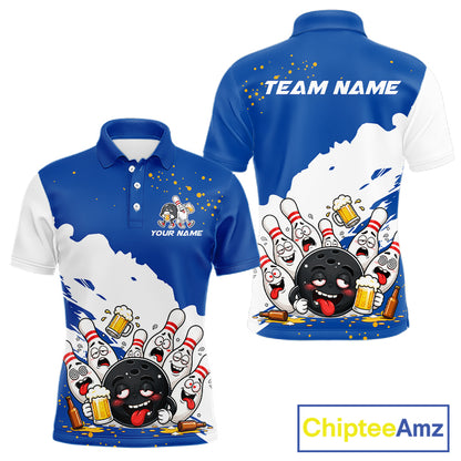 White And Blue Funny Beer Drunk Bowling Shirts For Men Custom Bowling League Bowling Team Jersey TDM7383