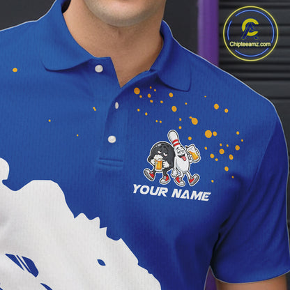 White And Blue Funny Beer Drunk Bowling Shirts For Men Custom Bowling League Bowling Team Jersey TDM7383