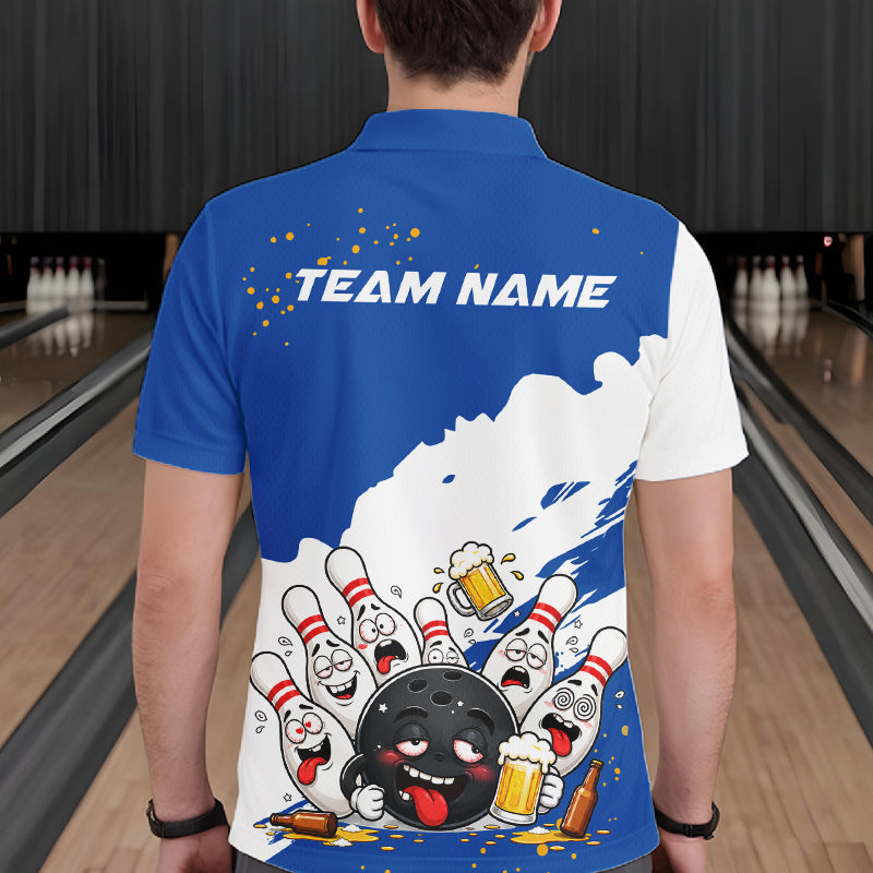 White And Blue Funny Beer Drunk Bowling Shirts For Men Custom Bowling League Bowling Team Jersey TDM7383