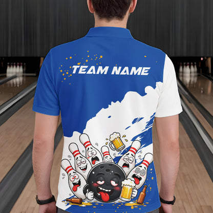 White And Blue Funny Beer Drunk Bowling Shirts For Men Custom Bowling League Bowling Team Jersey TDM7383