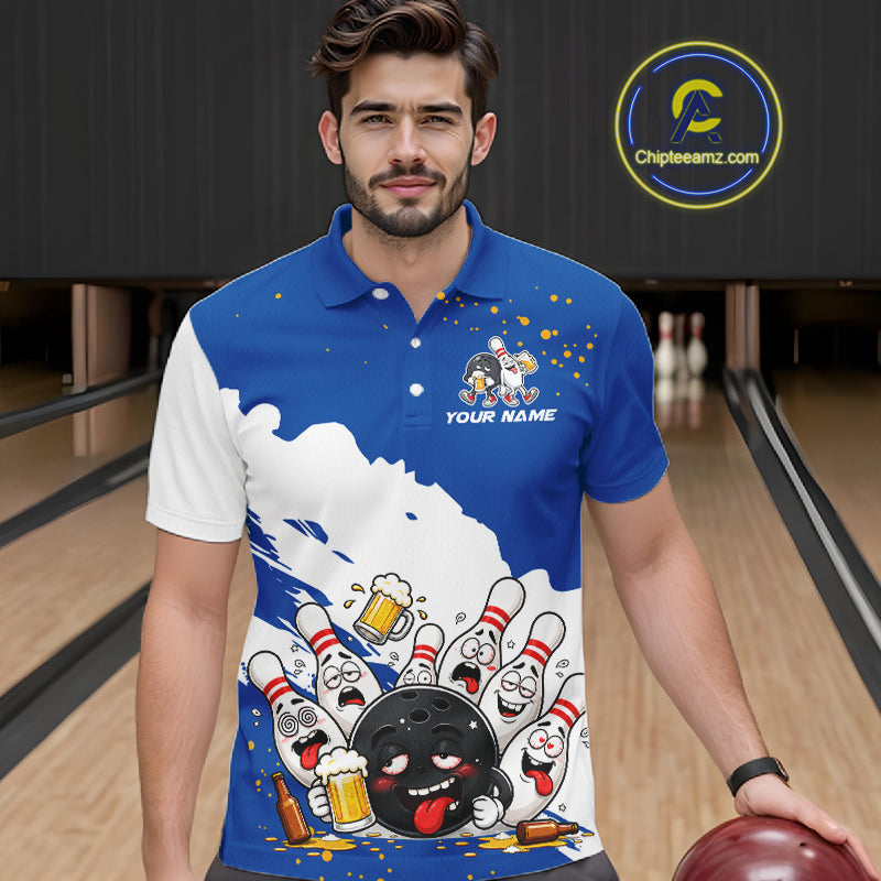 White And Blue Funny Beer Drunk Bowling Shirts For Men Custom Bowling League Bowling Team Jersey TDM7383