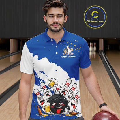 White And Blue Funny Beer Drunk Bowling Shirts For Men Custom Bowling League Bowling Team Jersey TDM7383