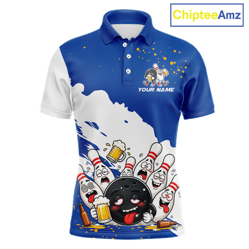 White And Blue Funny Beer Drunk Bowling Shirts For Men Custom Bowling League Bowling Team Jersey TDM7383