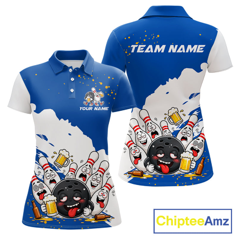 White And Blue Funny Beer Drunk Bowling Shirts For Women Custom Bowling League Bowling Team Jersey TDM7383