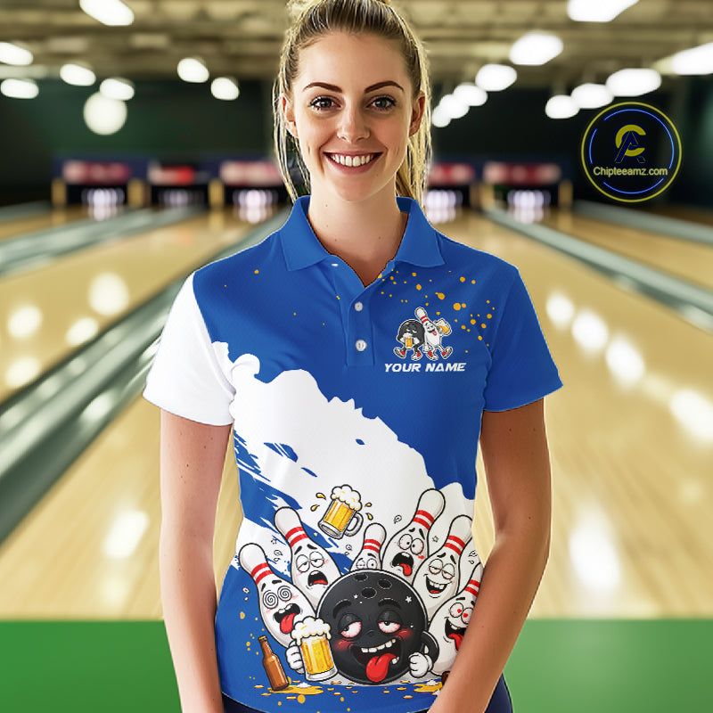 White And Blue Funny Beer Drunk Bowling Shirts For Women Custom Bowling League Bowling Team Jersey TDM7383