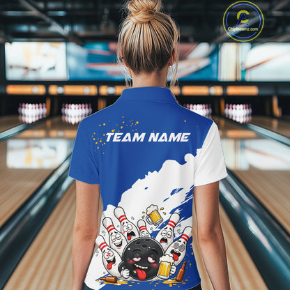 White And Blue Funny Beer Drunk Bowling Shirts For Women Custom Bowling League Bowling Team Jersey TDM7383