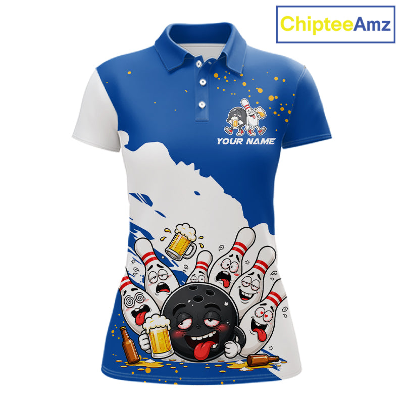 White And Blue Funny Beer Drunk Bowling Shirts For Women Custom Bowling League Bowling Team Jersey TDM7383