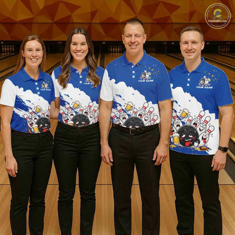 White And Blue Funny Beer Drunk Bowling Shirts For Men Custom Bowling League Bowling Team Jersey TDM7383