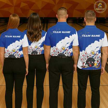 White And Blue Funny Beer Drunk Bowling Shirts For Men Custom Bowling League Bowling Team Jersey TDM7383