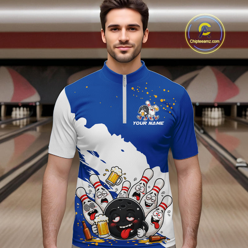White And Blue Funny Beer Drunk Bowling Shirts For Men Custom Bowling League Bowling Team Jersey TDM7383