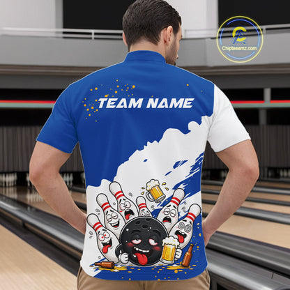 White And Blue Funny Beer Drunk Bowling Shirts For Men Custom Bowling League Bowling Team Jersey TDM7383