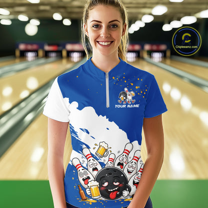 White And Blue Funny Beer Drunk Bowling Shirts For Women Custom Bowling League Bowling Team Jersey TDM7383