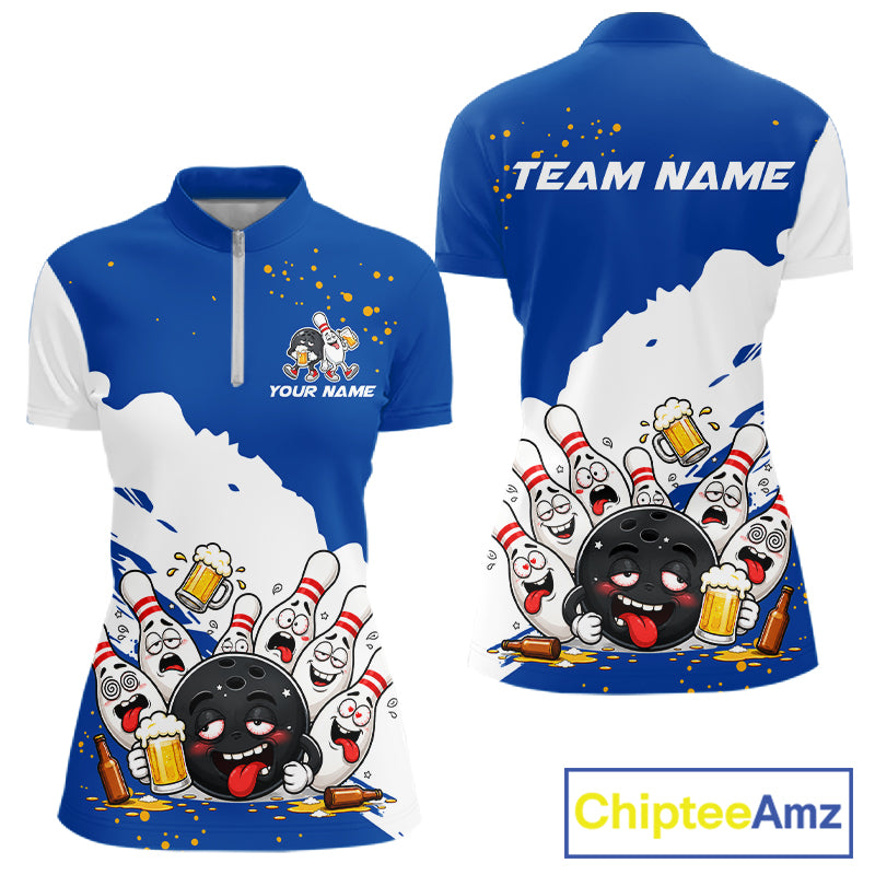 White And Blue Funny Beer Drunk Bowling Shirts For Women Custom Bowling League Bowling Team Jersey TDM7383
