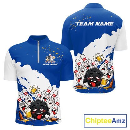 White And Blue Funny Beer Drunk Bowling Shirts For Men Custom Bowling League Bowling Team Jersey TDM7383