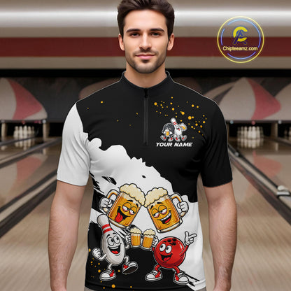 Black And White Funny Beer Bowling Jersey For Men Custom Bowling League Bowling Team Shirts TDM7384