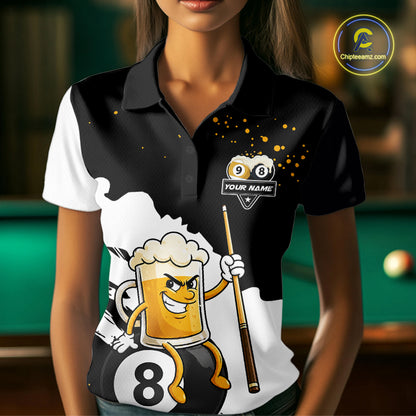 Black And White 8 Ball & 9 Ball Pool Funny Beer Billiard Shirts For Women Custom Pool Team Jersey TDM7387