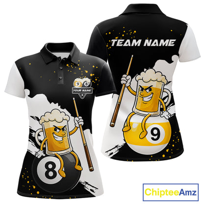 Black And White 8 Ball & 9 Ball Pool Funny Beer Billiard Shirts For Women Custom Pool Team Jersey TDM7387