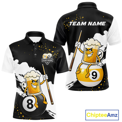 Black And White 8 Ball & 9 Ball Pool Funny Beer Billiard Shirts For Men Custom Pool Team Jersey TDM7387