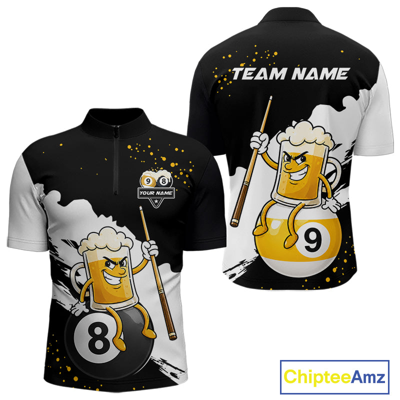 Black And White 8 Ball & 9 Ball Pool Funny Beer Billiard Shirts For Men Custom Pool Team Jersey TDM7387