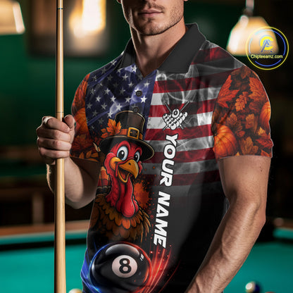 Funny Turkey American Flag Smoke Billiard Shirts For Men Custom Thanksgiving 8 Ball Pool Jersey TDM7394