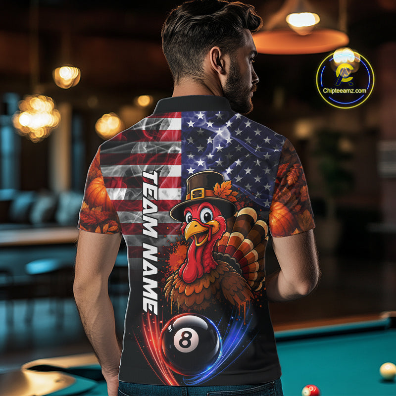 Funny Turkey American Flag Smoke Billiard Shirts For Men Custom Thanksgiving 8 Ball Pool Jersey TDM7394