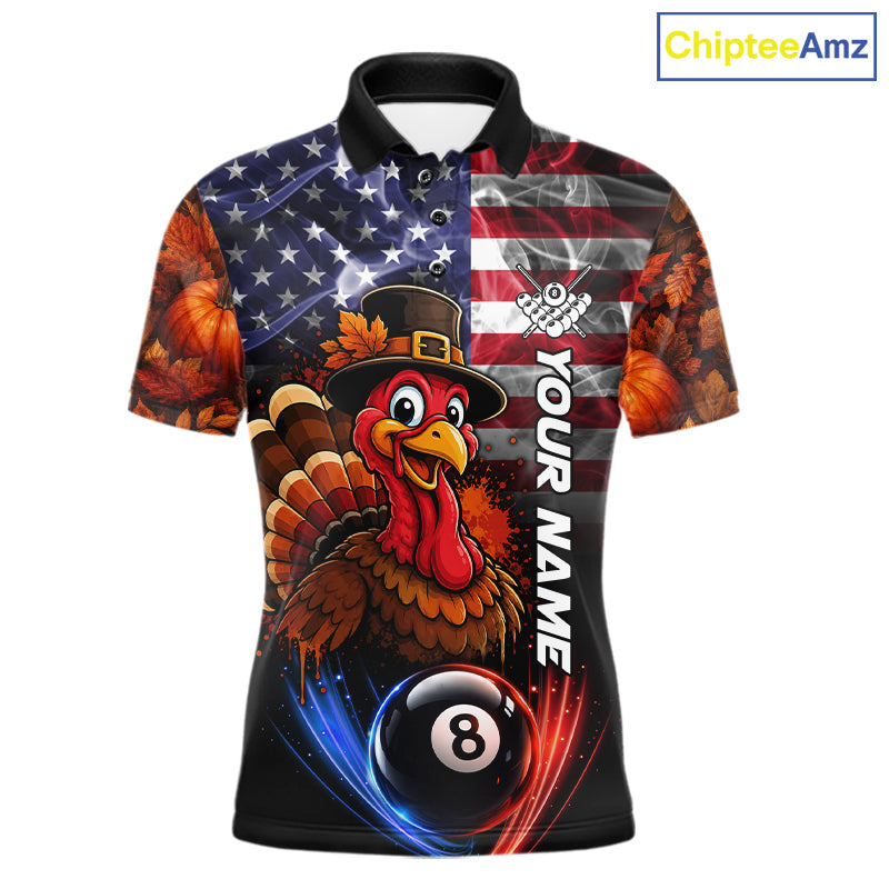 Funny Turkey American Flag Smoke Billiard Shirts For Men Custom Thanksgiving 8 Ball Pool Jersey TDM7394