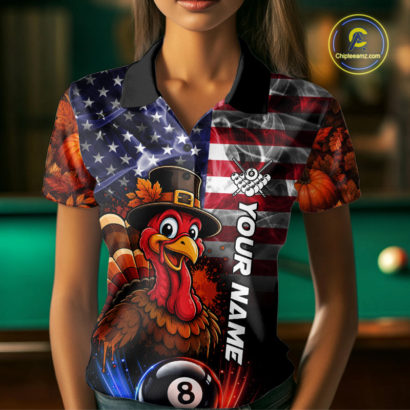 Funny Turkey American Flag Smoke Billiard Shirts For Women Custom Thanksgiving 8 Ball Pool Jersey TDM7394