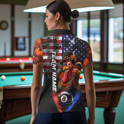 Funny Turkey American Flag Smoke Billiard Shirts For Women Custom Thanksgiving 8 Ball Pool Jersey TDM7394
