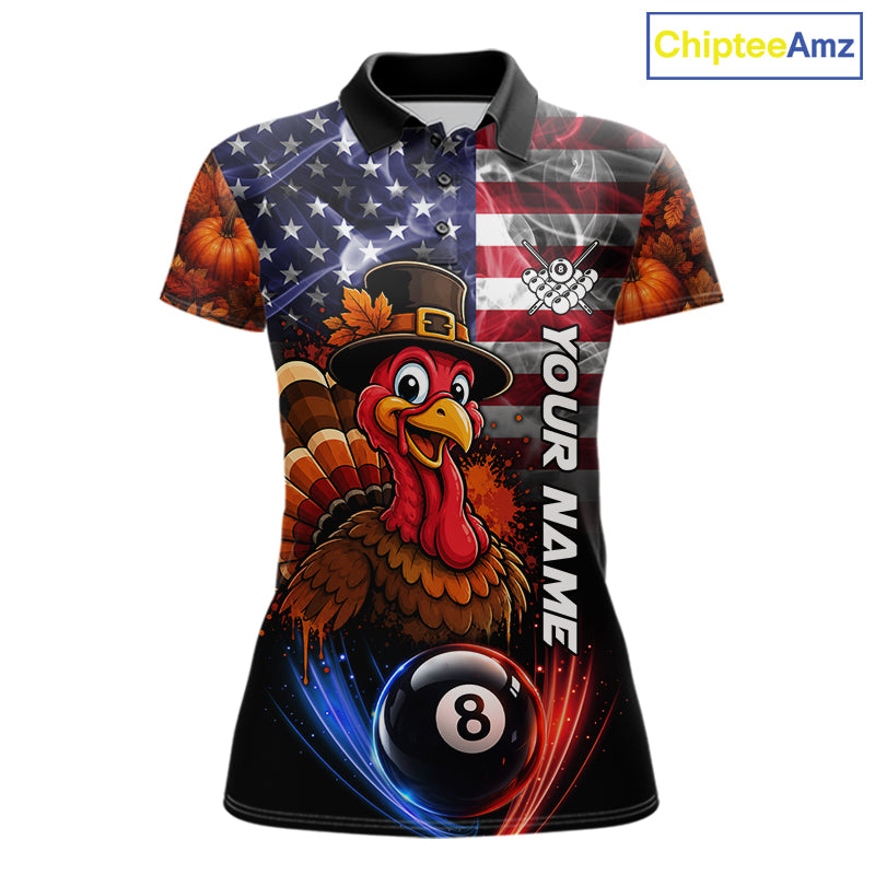 Funny Turkey American Flag Smoke Billiard Shirts For Women Custom Thanksgiving 8 Ball Pool Jersey TDM7394