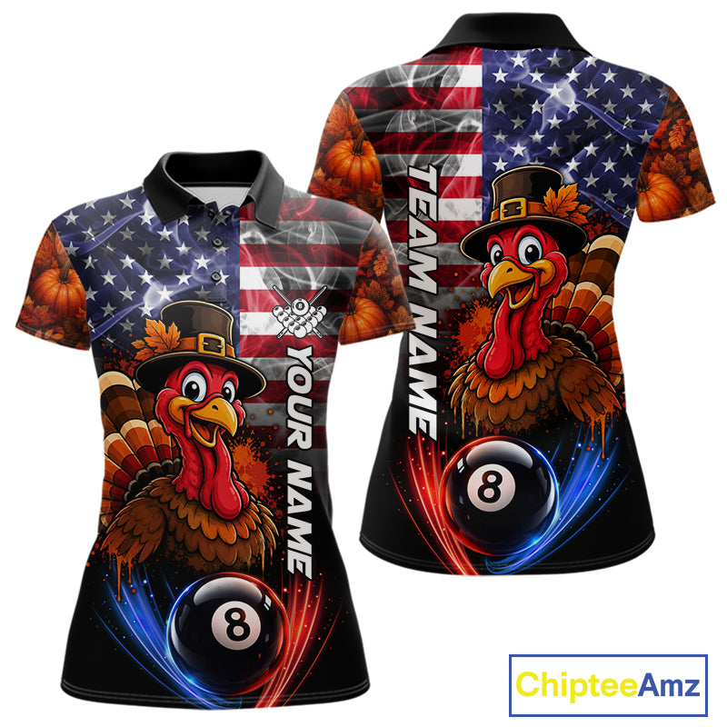 Funny Turkey American Flag Smoke Billiard Shirts For Women Custom Thanksgiving 8 Ball Pool Jersey TDM7394