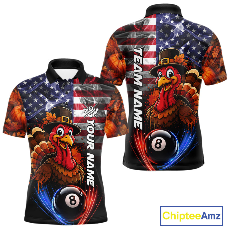 Funny Turkey American Flag Smoke Billiard Shirts For Men Custom Thanksgiving 8 Ball Pool Jersey TDM7394