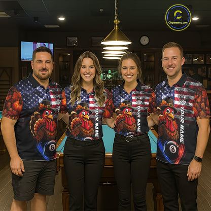Funny Turkey American Flag Smoke Billiard Shirts For Men Custom Thanksgiving 8 Ball Pool Jersey TDM7394