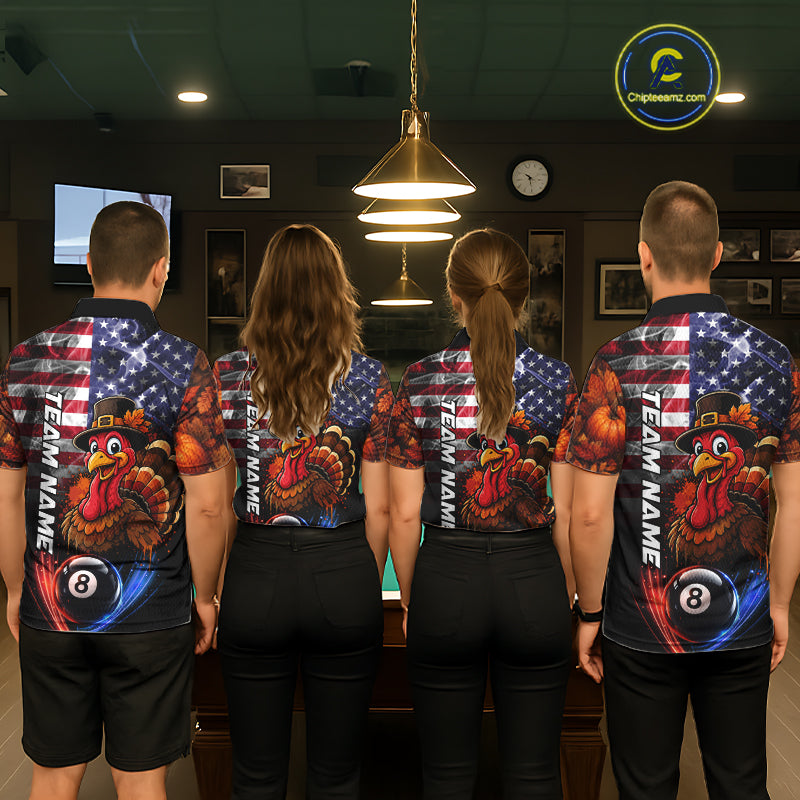 Funny Turkey American Flag Smoke Billiard Shirts For Men Custom Thanksgiving 8 Ball Pool Jersey TDM7394
