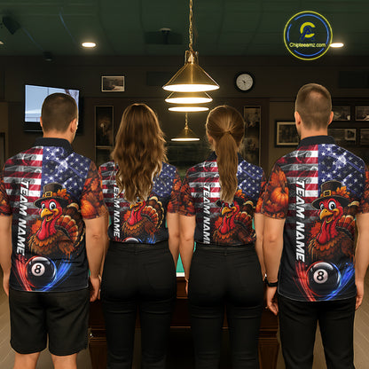 Funny Turkey American Flag Smoke Billiard Shirts For Men Custom Thanksgiving 8 Ball Pool Jersey TDM7394