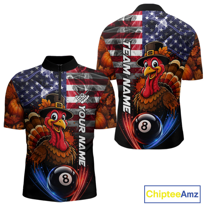 Funny Turkey American Flag Smoke Billiard Shirts For Men Custom Thanksgiving 8 Ball Pool Jersey TDM7394