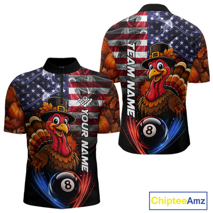 Funny Turkey American Flag Smoke Billiard Shirts For Men Custom Thanksgiving 8 Ball Pool Jersey TDM7394