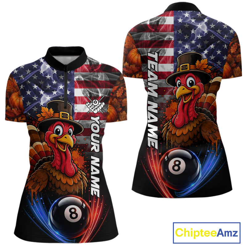 Funny Turkey American Flag Smoke Billiard Shirts For Women Custom Thanksgiving 8 Ball Pool Jersey TDM7394