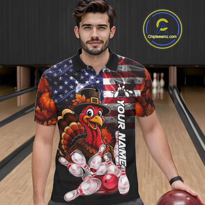 Funny Turkey American Flag Smoke Bowling Shirts For Men Custom Thanksgiving Bowling Team Jersey TDM7395