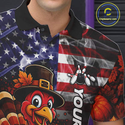 Funny Turkey American Flag Smoke Bowling Shirts For Men Custom Thanksgiving Bowling Team Jersey TDM7395