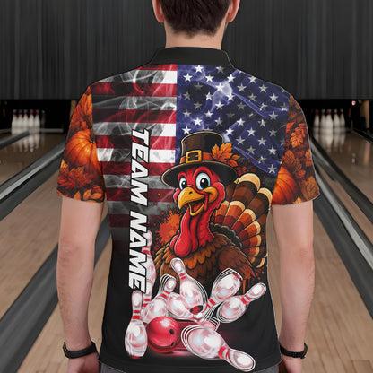 Funny Turkey American Flag Smoke Bowling Shirts For Men Custom Thanksgiving Bowling Team Jersey TDM7395