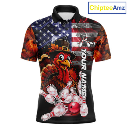 Funny Turkey American Flag Smoke Bowling Shirts For Men Custom Thanksgiving Bowling Team Jersey TDM7395