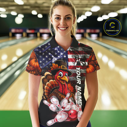 Funny Turkey American Flag Smoke Bowling Shirts For Women Custom Thanksgiving Bowling Team Jersey TDM7395